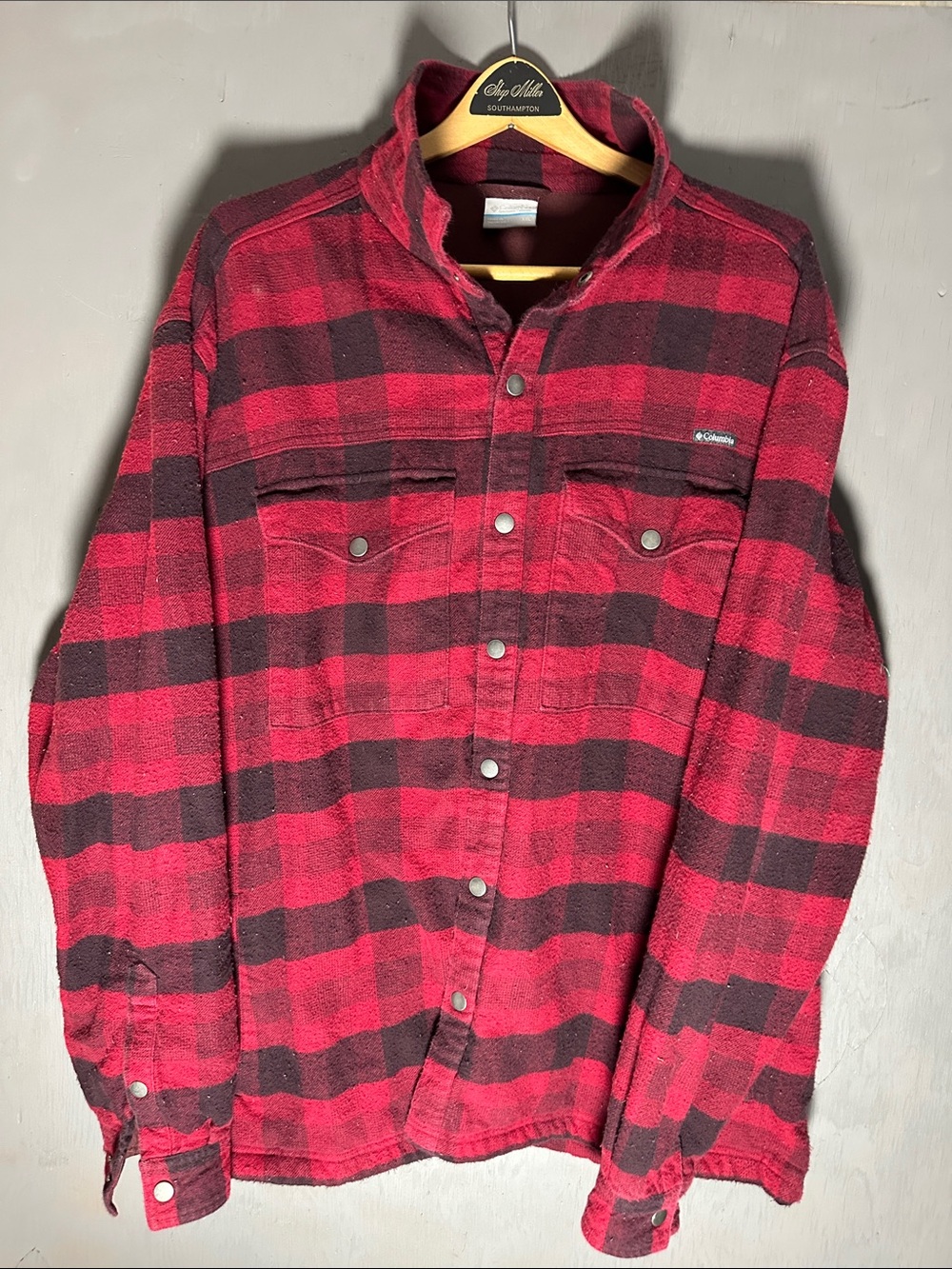 Columbia Red and Black Plaid Snap-Front Shirt Jacket